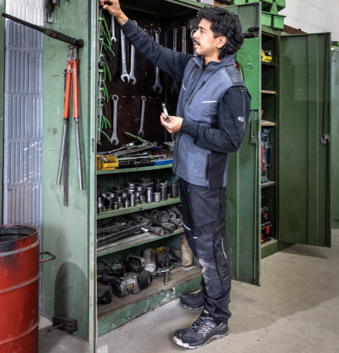 Werkstatt, Werkzeug, Arbeitskleidung, Schuhe, Schraubenschlüssel