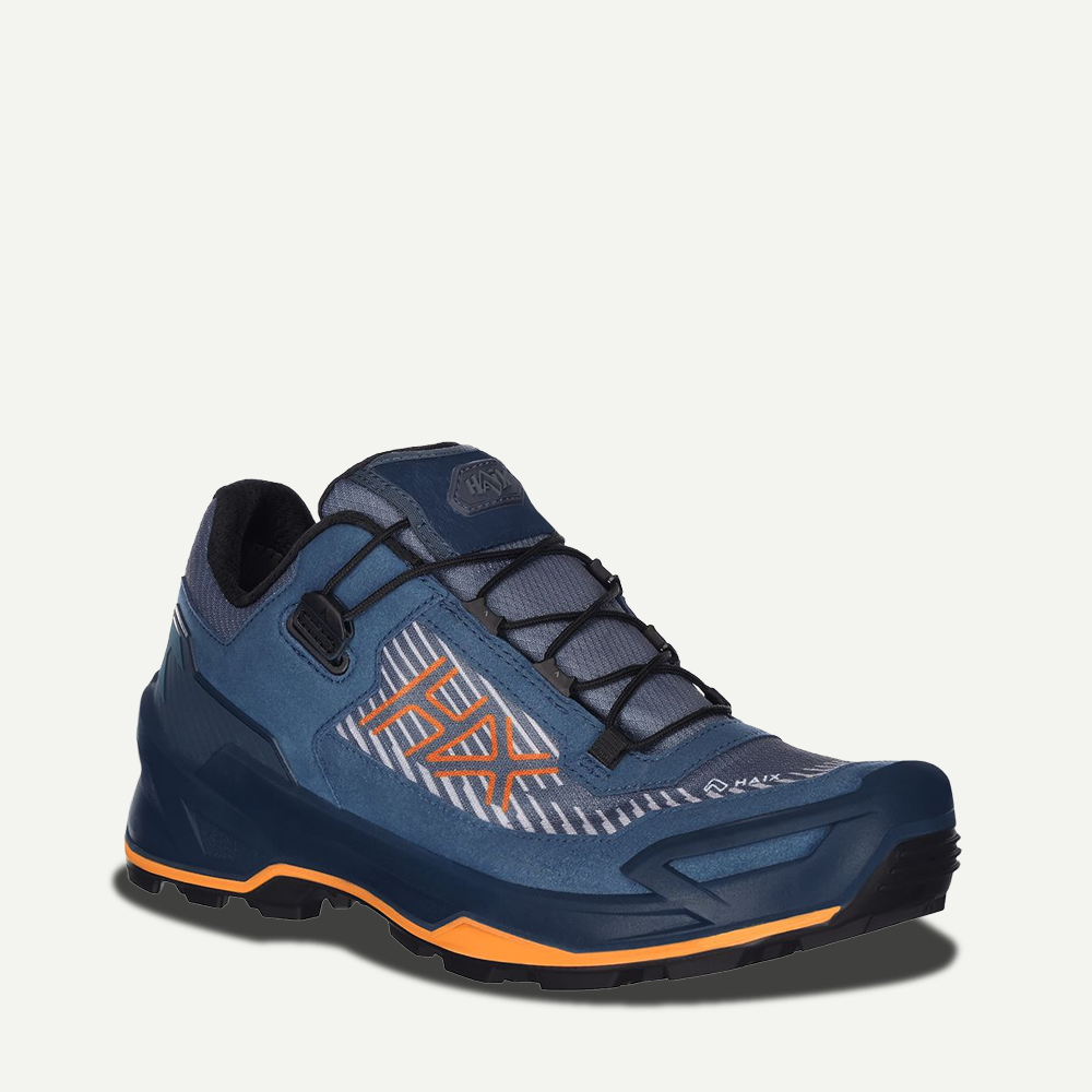 Hochschuh, Outdoor-Schuh, blauer Sneaker, oranger Akzent, Griffige Sohle