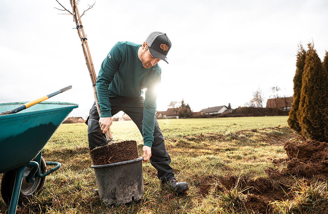 Gartenarbeit, Bodenloch, Pflanzkorb, Gießkelle, Gartenwerkzeug, Gartenarbeit, Pflanzenloch, Eimer, Schubkarre, Mann mit Schaufel