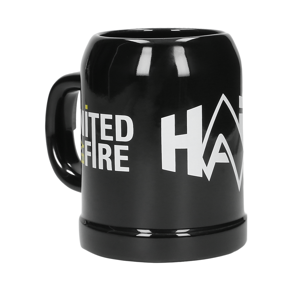Schwarzer Becher, Keramikbecher, Grafikbecher, Kaffeebecher, HKA-Logo