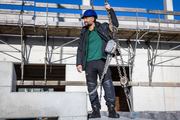 safety helmet, construction, workwear, steel-toe boots, chains and pulley